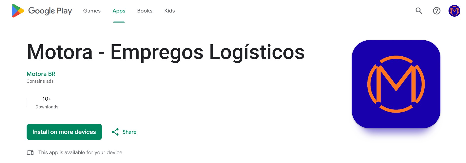 Tela da Play Store mostrando o app Motora