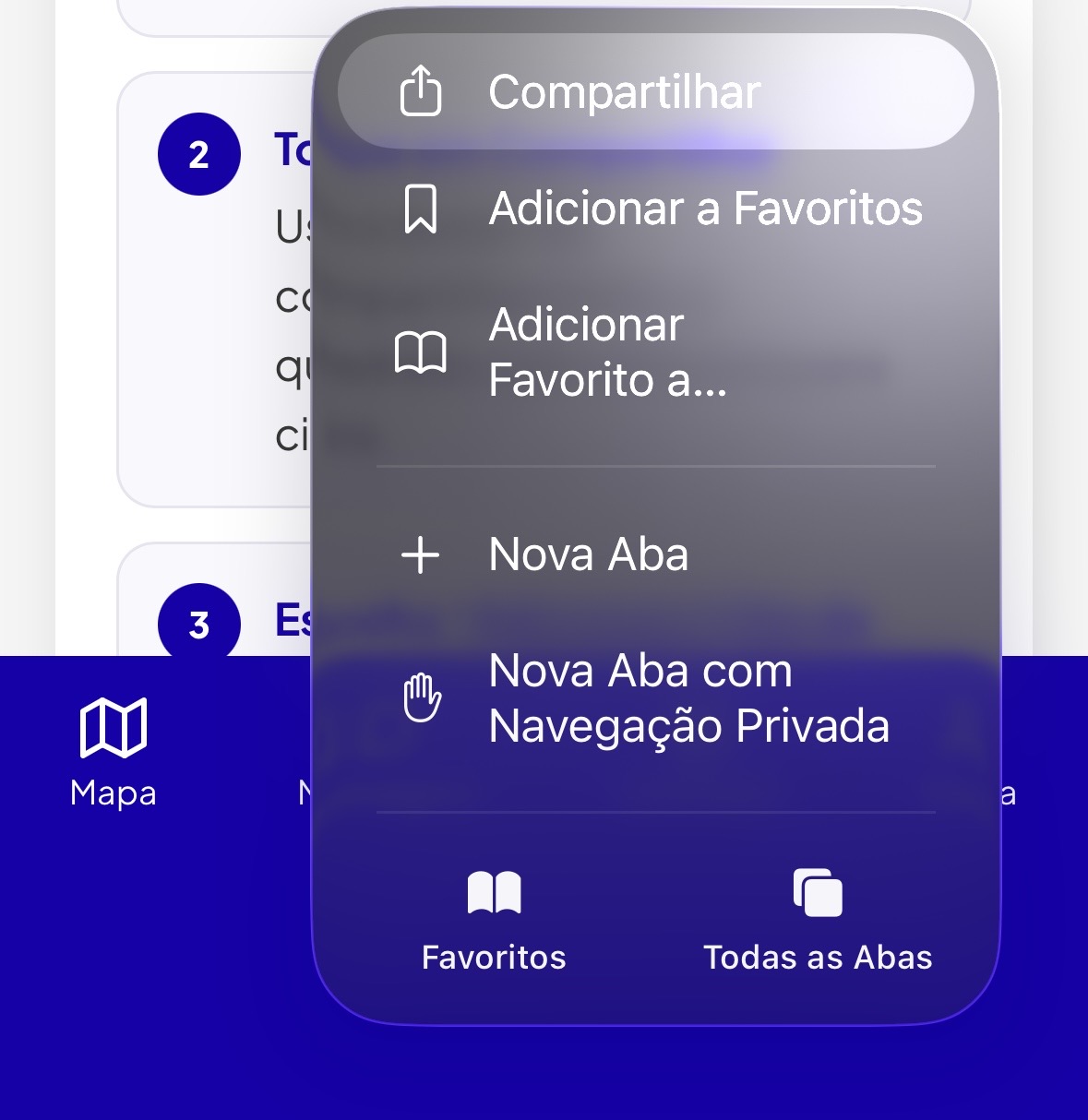 Menu do Safari mostrando a opção Compartilhar