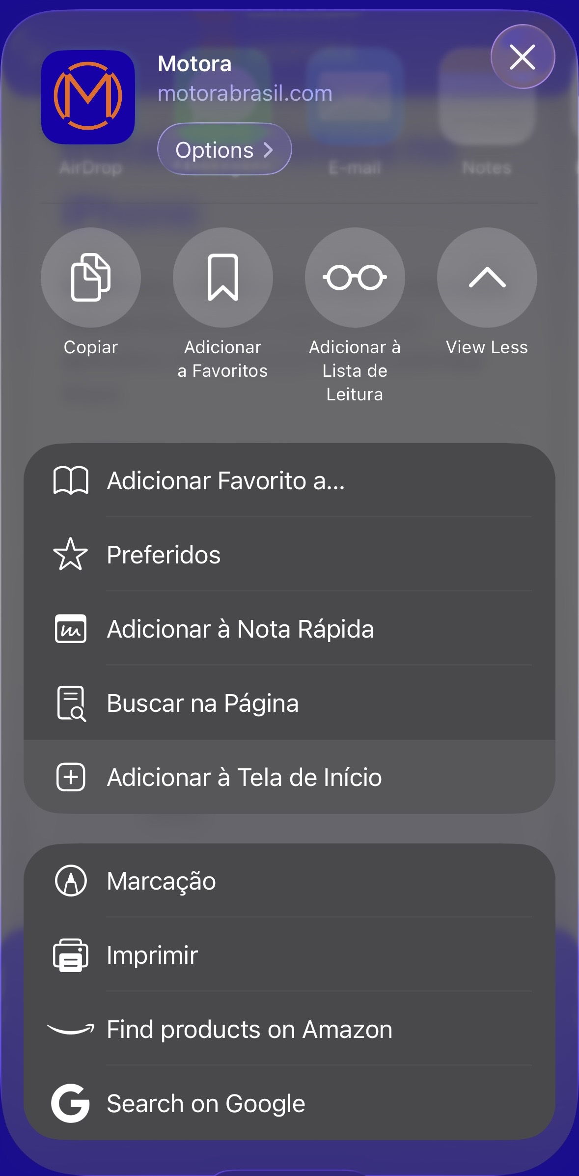 Tela de compartilhamento do Safari com a opção Adicionar à Tela de Início